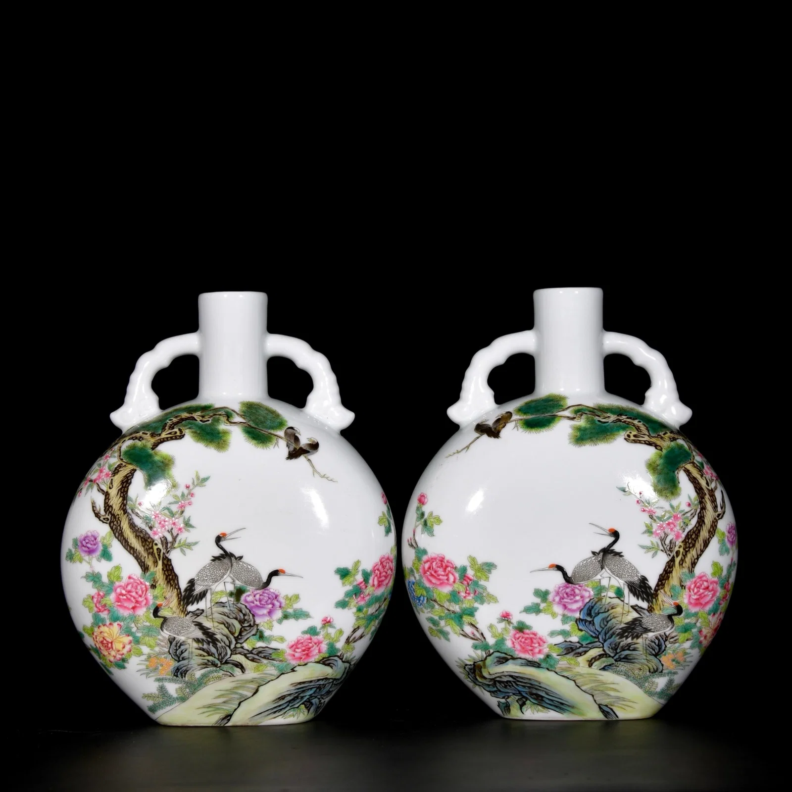 A Pair of Exquisite Enamel Flower and Bird Pattern Double-Ears Vases,With Poem
