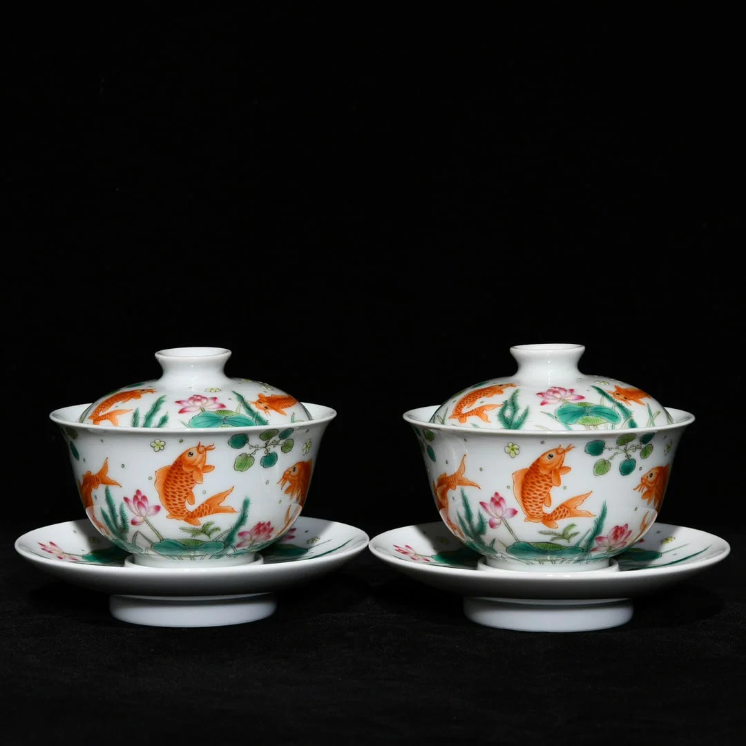 A Pair of Exquisite Enamel Hornwort Pattern Cover Bowls,With Tray