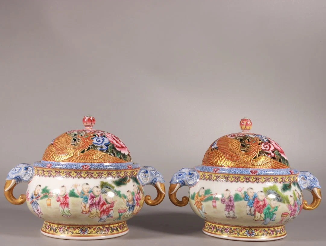 A Pair of Exquisite Enamel Painted Gold Figure and Phoenix Pattern Elephant-Ears Censers