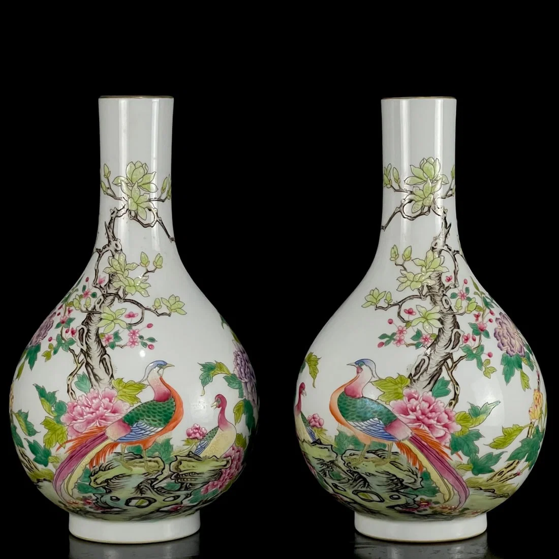 A Pair of Exquisite Enamel Painted Gold Flower and Bird Pattern Vases,With Poem