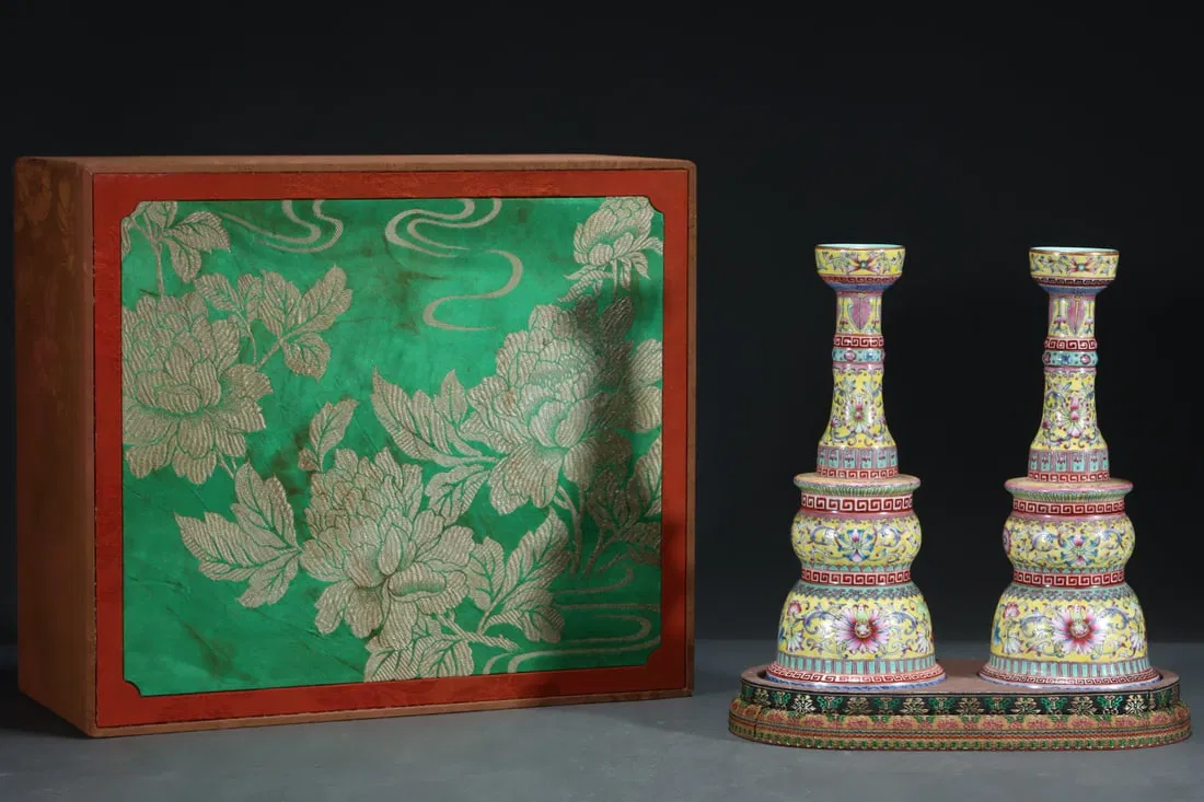 A Pair of Exquisite Famille-Rose Lotus Pattern Candlesticks
