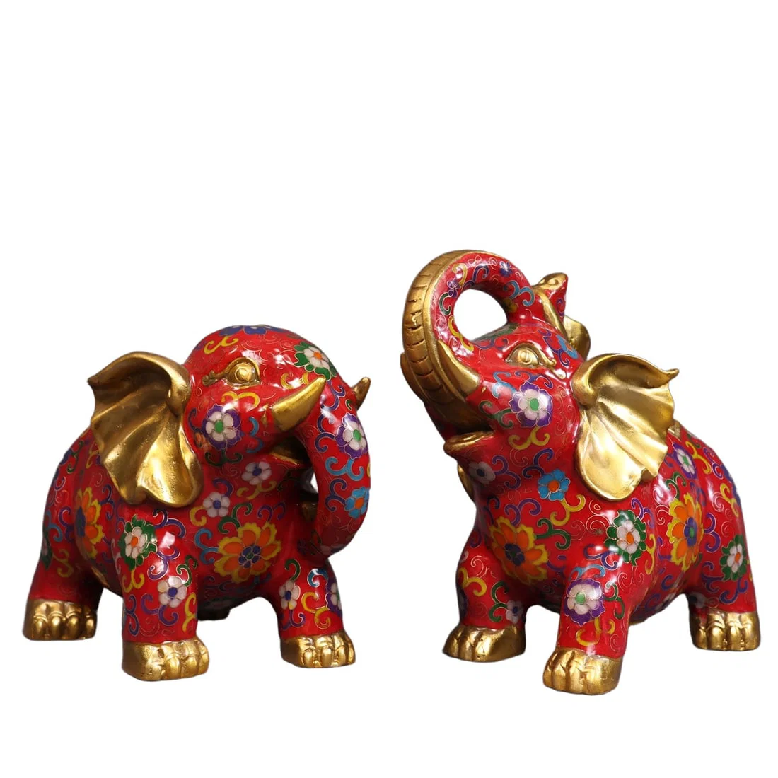 A Pair of Exquisite Gilt Bronze Cloisonne Lotus Pattern Elephant Ornaments