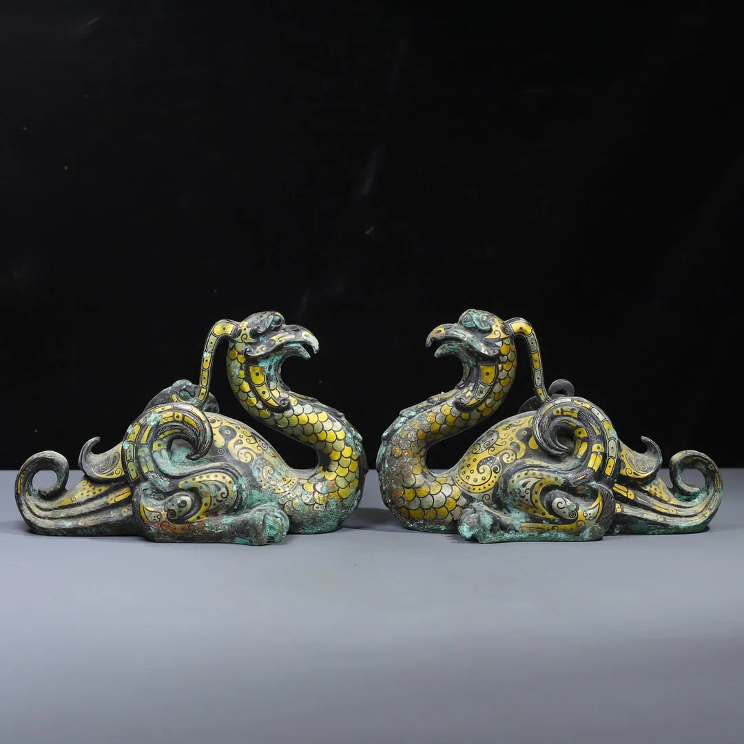 A pair of Exquisite Gold and Silver Inlay Phoenix Ornament