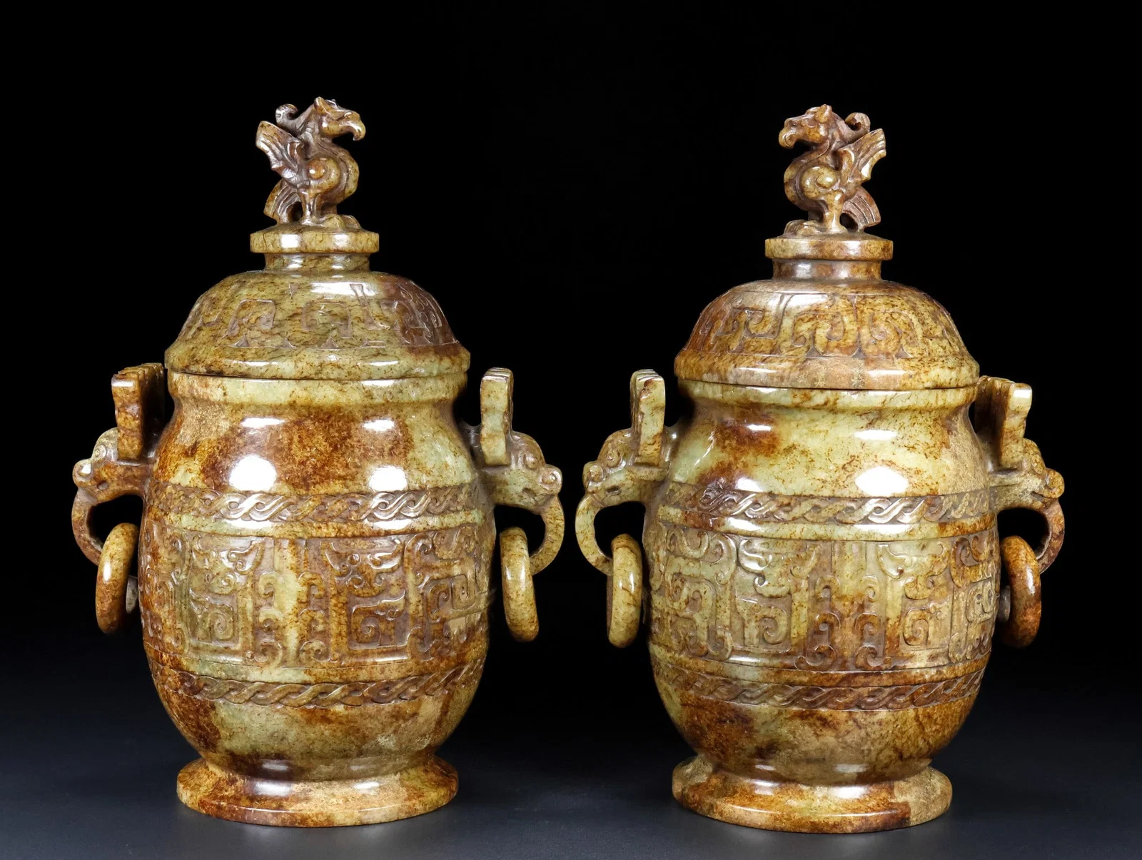 A pair of Exquisite Hotan Jade Dragon Phoenix Pattern Censer