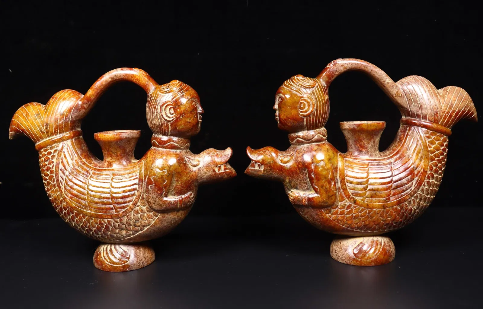 A Pair of Exquisite Hotan Jade Human Head Ewer