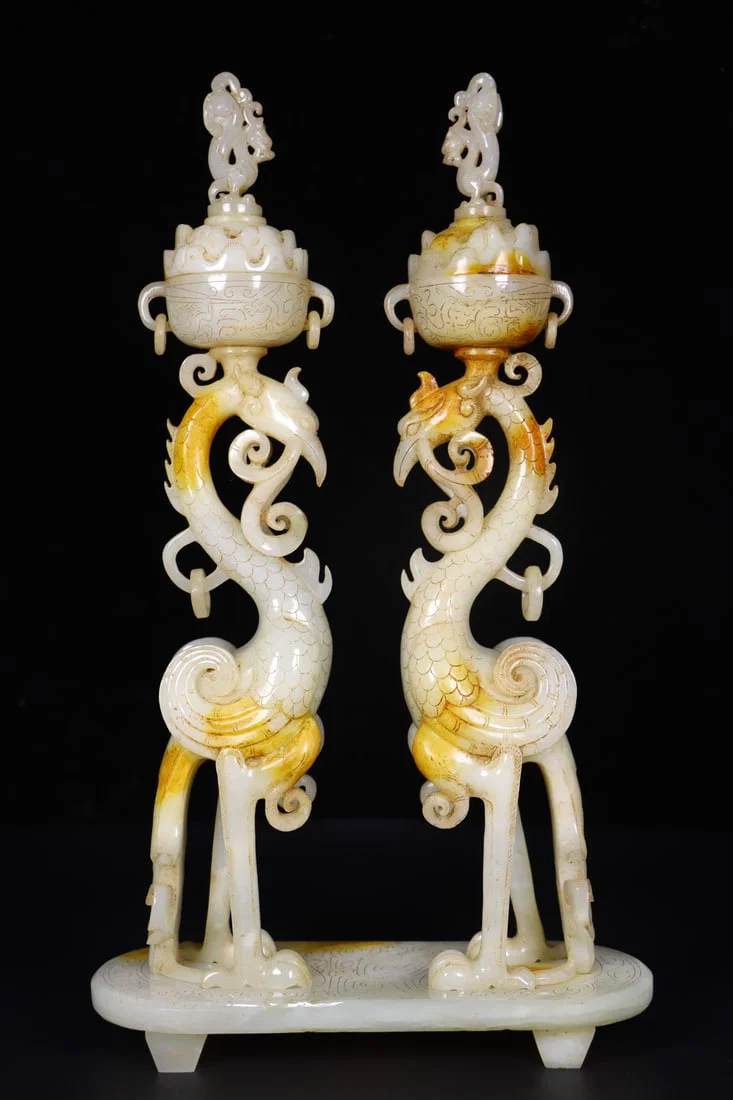A pair of Exquisite Hotan Jade Phoenix Censer