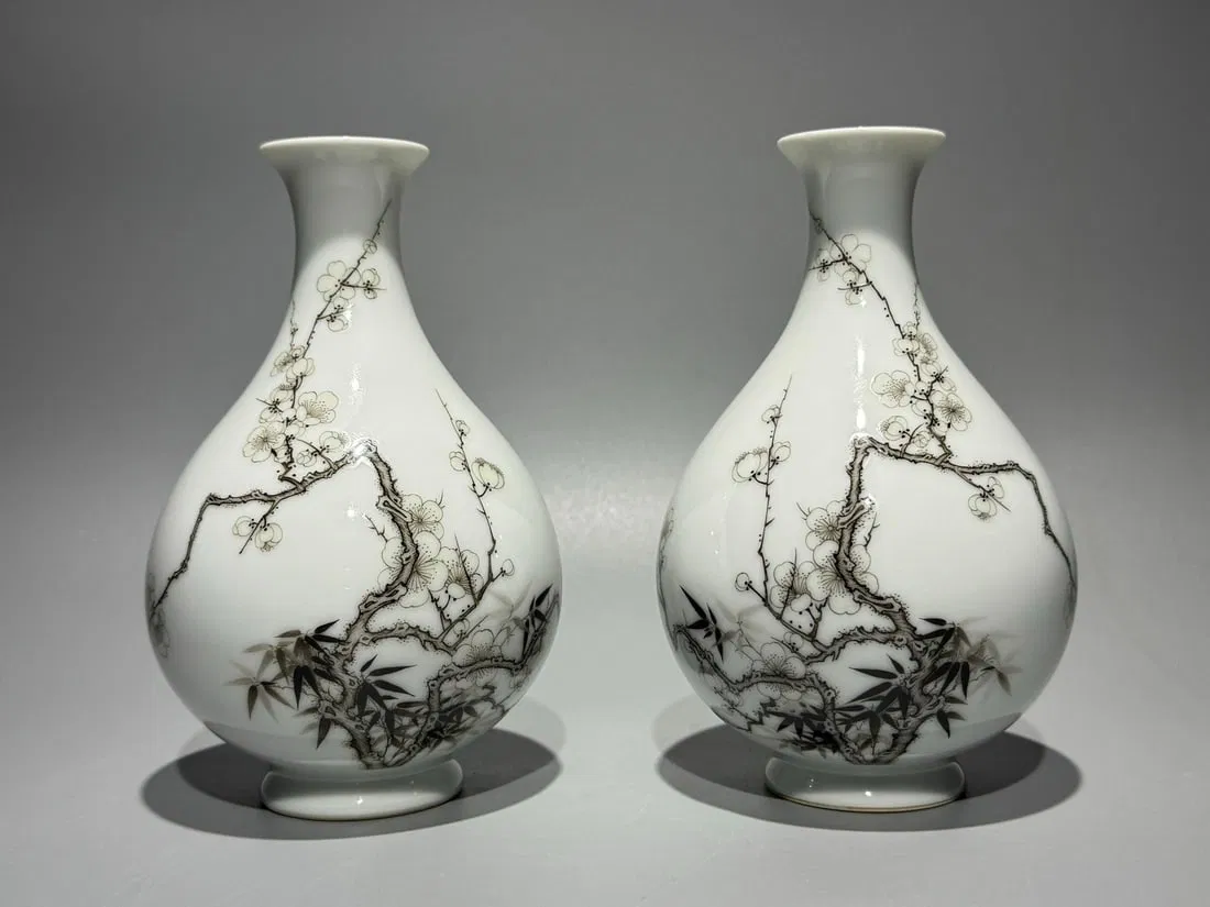 A Pair of Exquisite Ink Color Plum Blossom and Bamboo Pattern Vases,With Poem