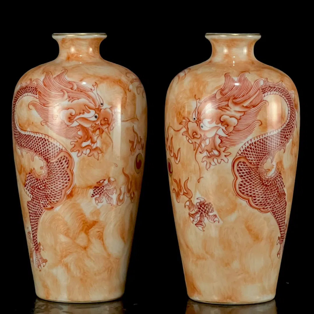 A Pair of Exquisite Iron-Red Glazed Painted Gold Dragon Pattern Vases