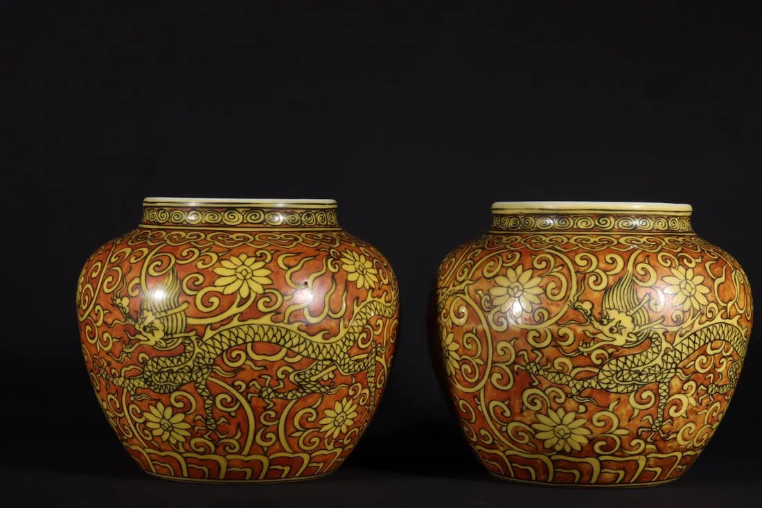 A Pair of Exquisite Red Ground Yellow Glazed Flower and Dragon Pattern Jars