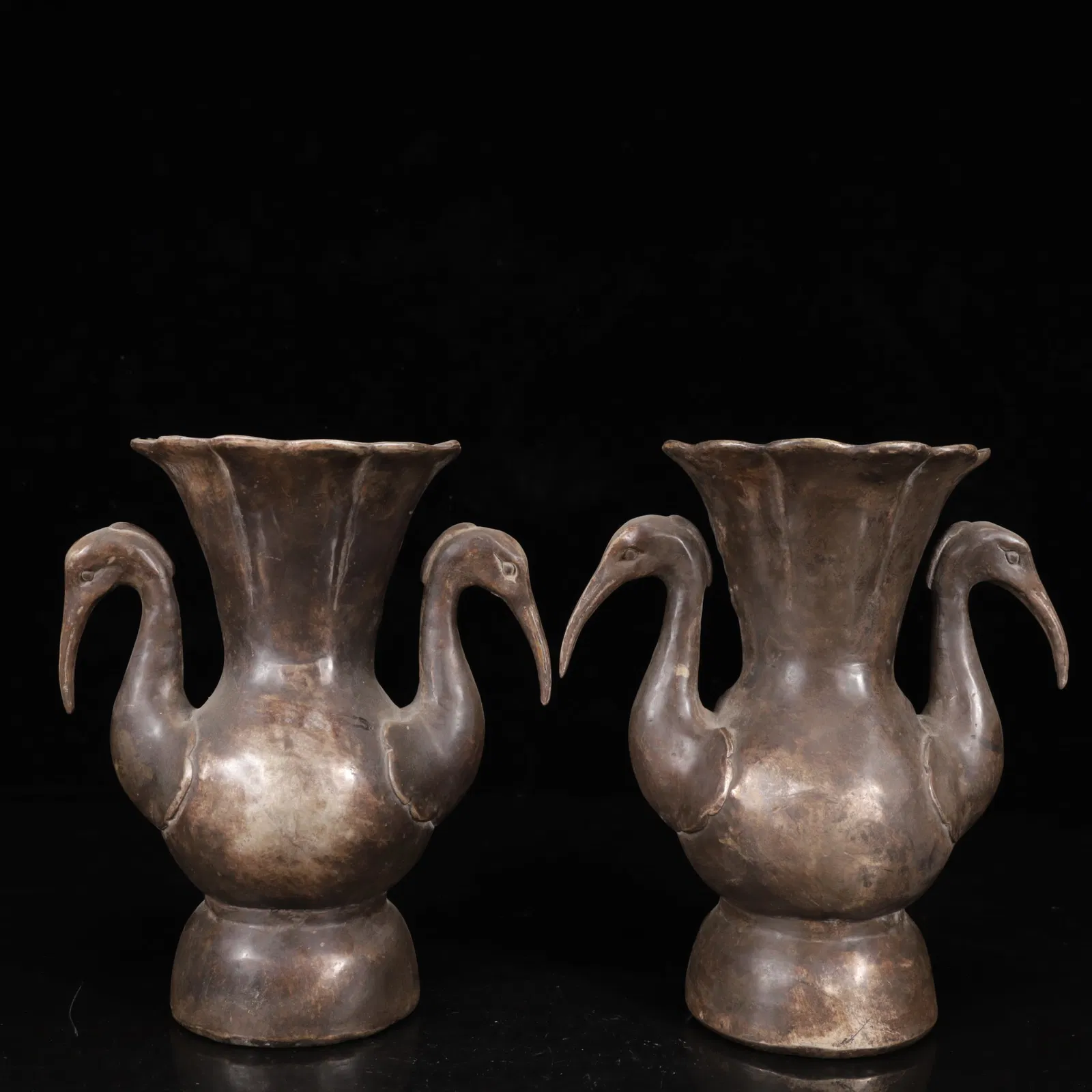 A Pair of Exquisite Silver Crane Pattern Double-Ears Vases