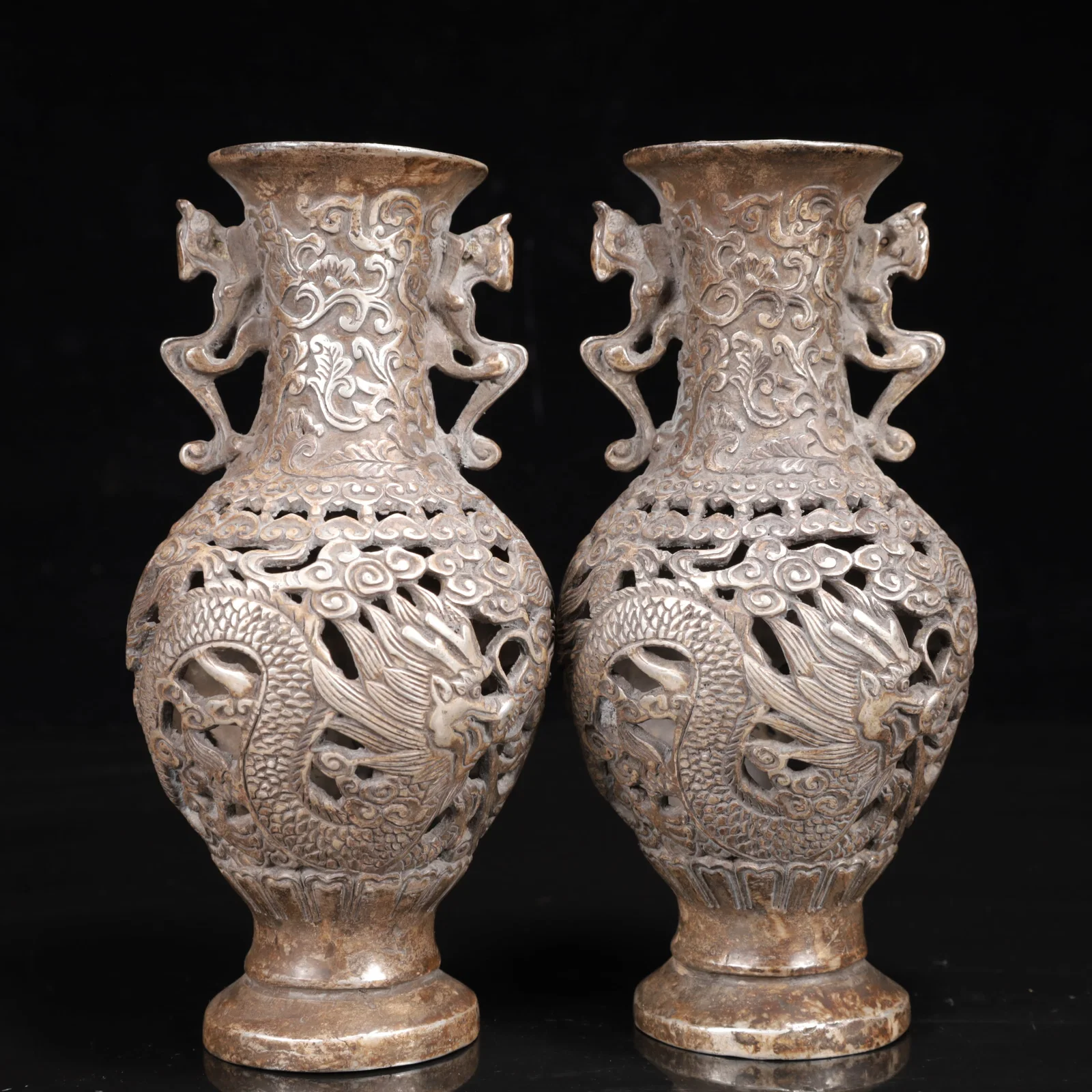 A Pair of Exquisite Silver-plated Dragon and Phoenix Pattern Double-Ears Vases