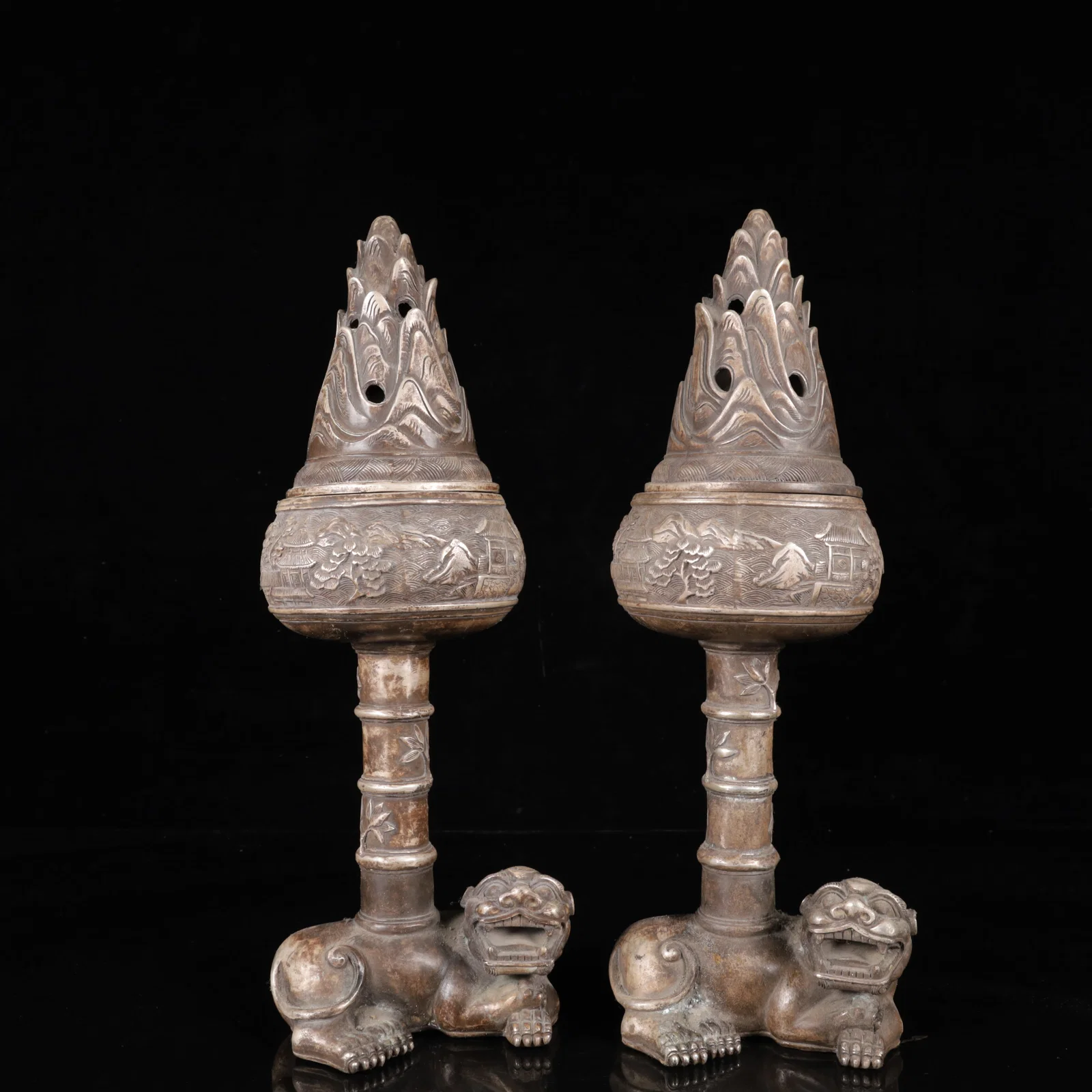 A Pair of Exquisite Silver-plated Landscape Pattern Auspicious Beast Censers