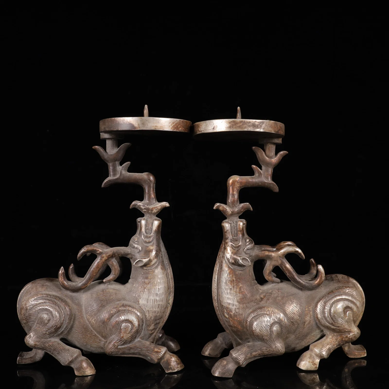 A Pair of Exquisite Silver-plated Sika Deer Candlesticks