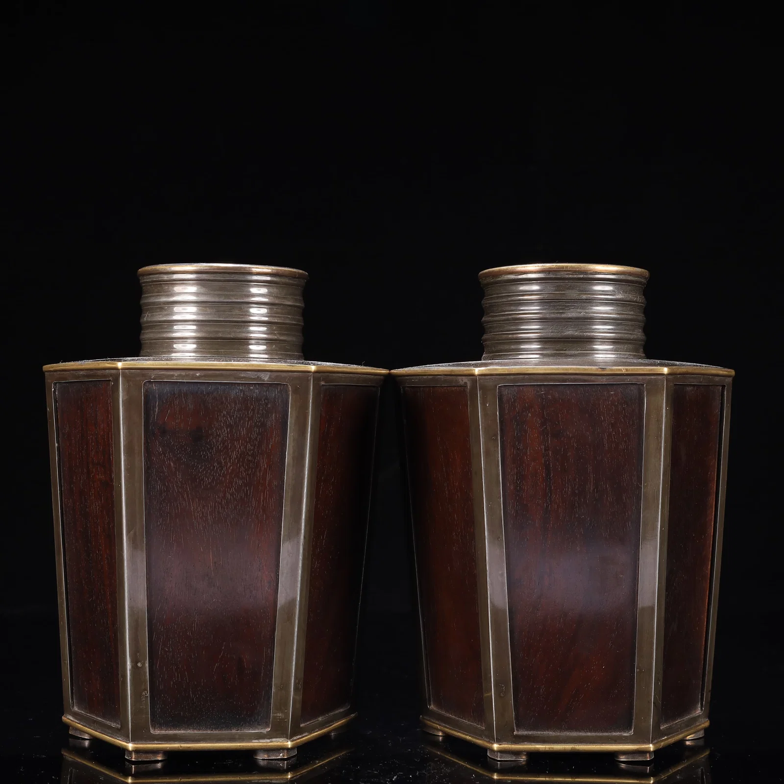 A Pair of Exquisite Tin Inlaid Zitanwood Bottles