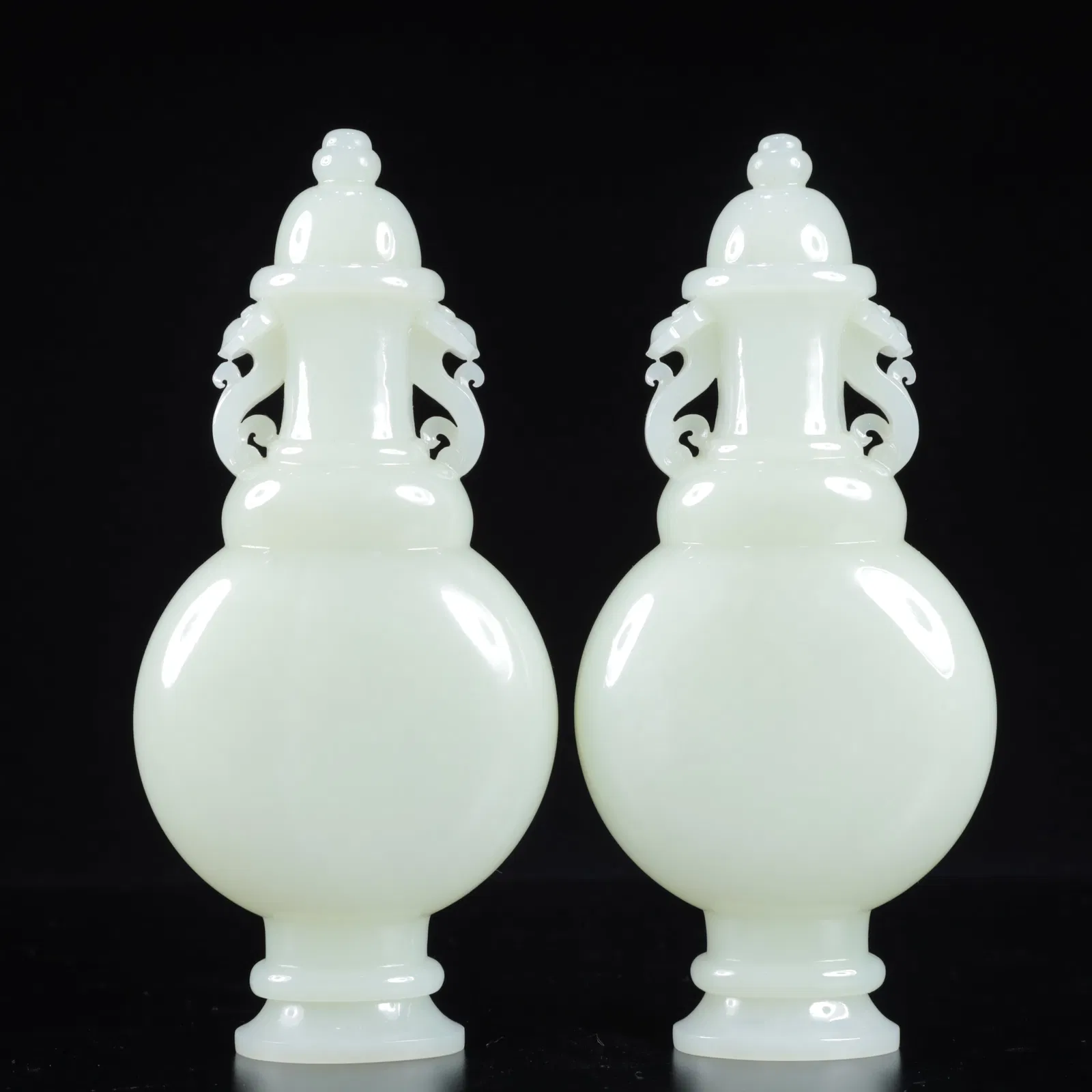 A Pair of Exquisite White Jade Double-Ears Vases