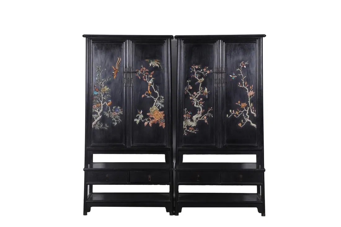 A pair of Exquisite Zitanwood Flower and Bird Pattern Cabinet