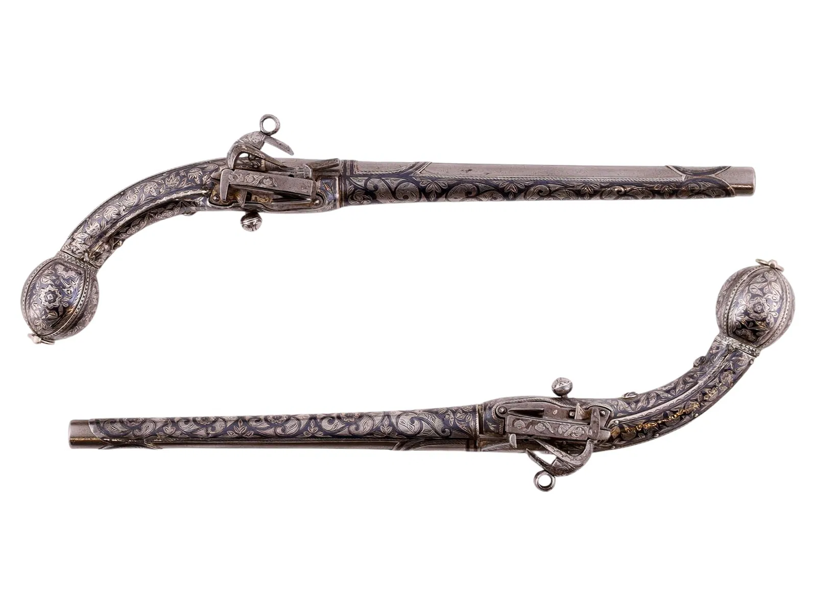A PAIR OF EXTREMELY FINE CAUCASIAN SILVER FLINTLOCK PISTOLS, 19TH CEN.