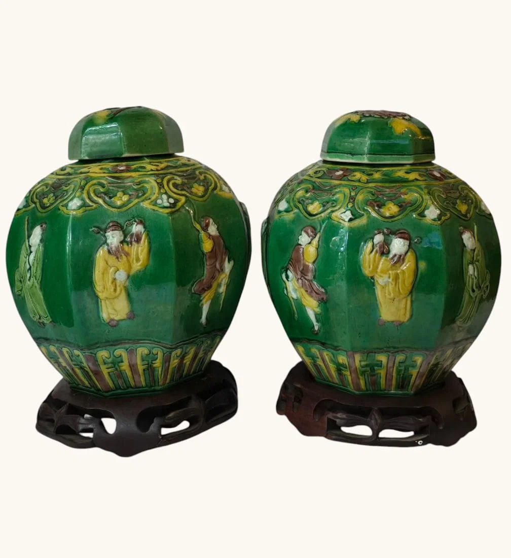 A Pair Of Fine Chinese Biscuit Porcelain Covered Ginger Jars With The 8 Immortals On Wood Stand