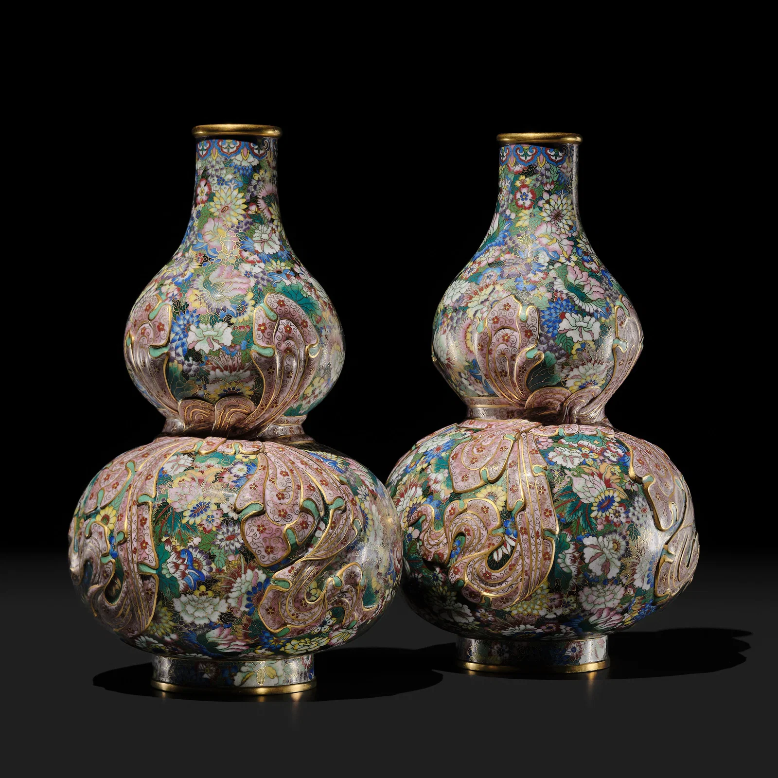 A PAIR OF GILT BRONZE AND CLOISONNÉ ENAMEL 'SASH-TIED DOUBLE GOURD' VASES
