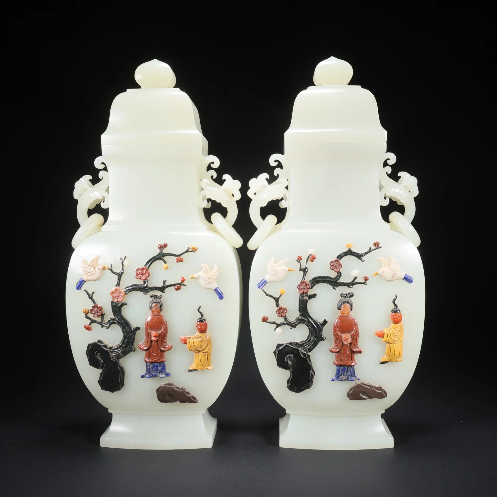 A PAIR OF HETIAN JADE COVERED VASES WITH INLAID PRECIOUS STONES, FIGURES, AND DOUBLE RING RUYI