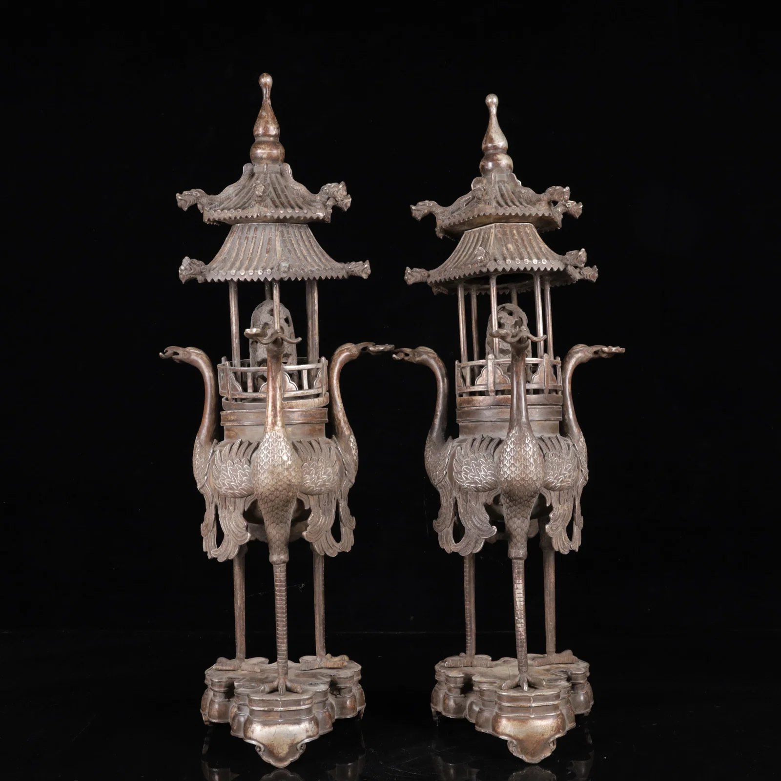 A Pair of Hug Silver-plated Crane Censers
