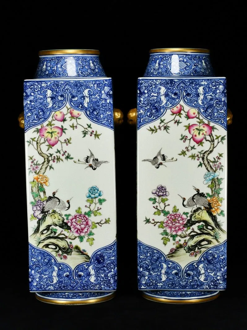 A Pair of Huge Blue and White Famille-Rose Painted Gold Flower and Bird Pattern Beast-Ears Vases