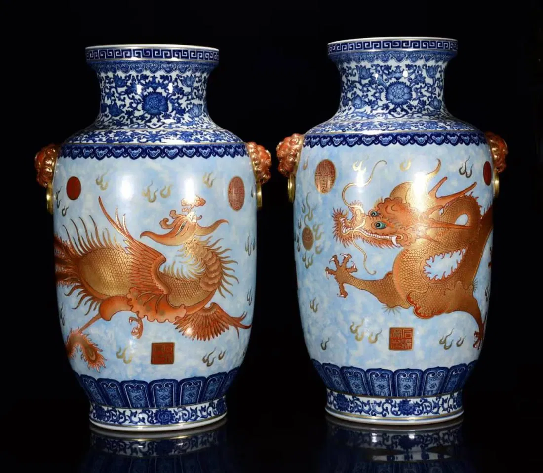 A Pair of Huge Blue and White Jiacai Painted Gold Dragon and Phoenix Pattern Lion-Ears Vases
