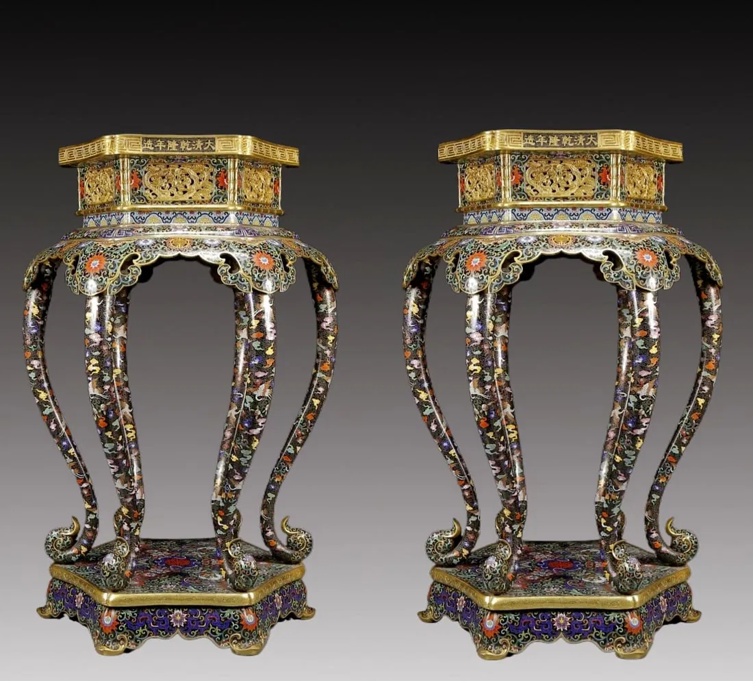 A Pair of Huge Cloisonne Auspicious Cloud and Crane Pattern Stools