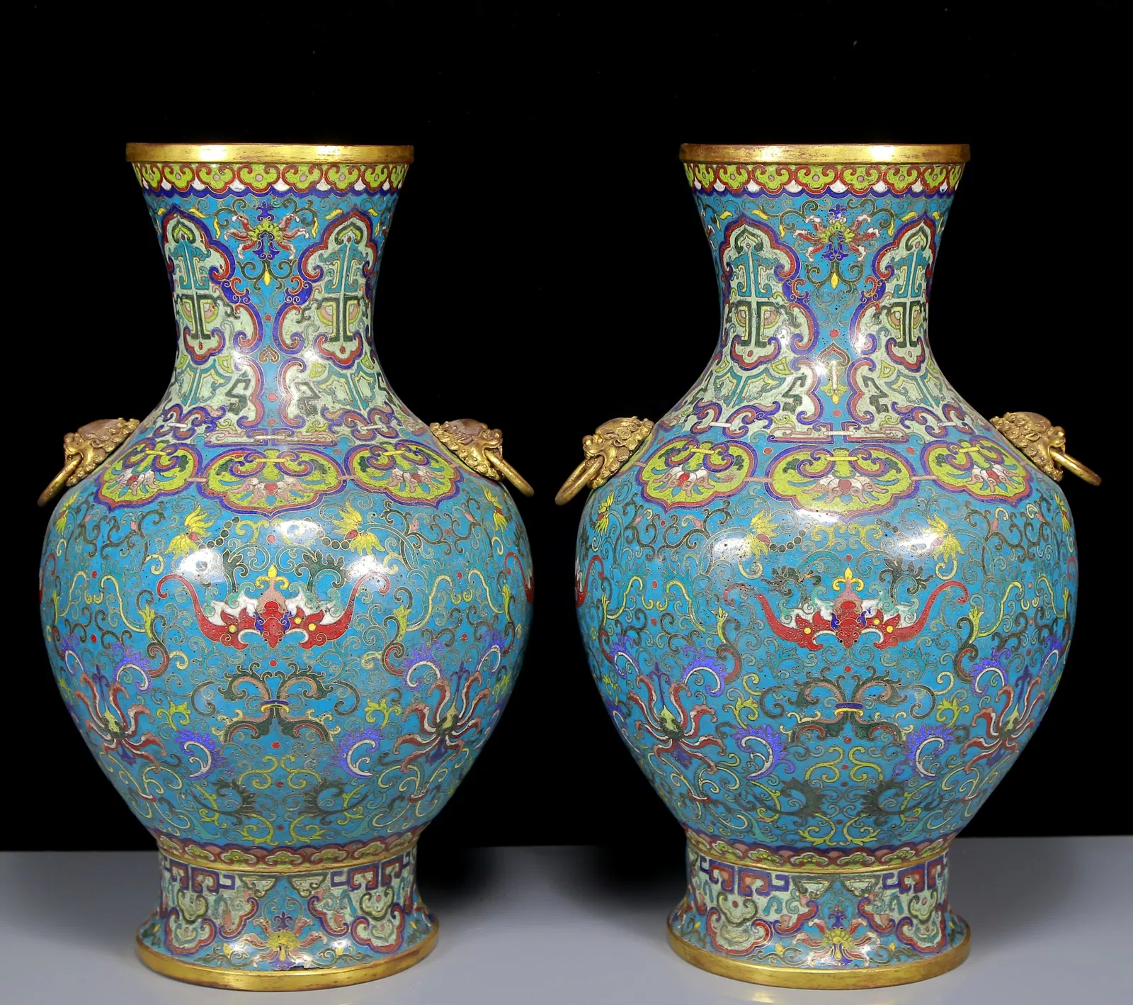 A Pair of Huge Cloisonne Bats Pattern Double-Ears Vases