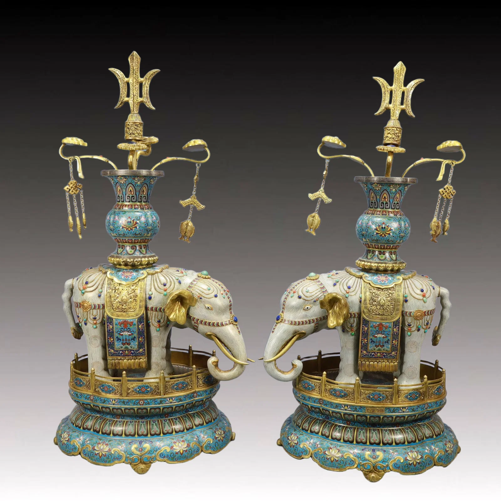 A Pair of Huge Cloisonne Elephant Ornaments, Inlaid Turquoise