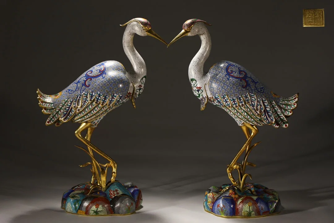 A Pair of Huge Cloisonne Enamel Crane Ornaments