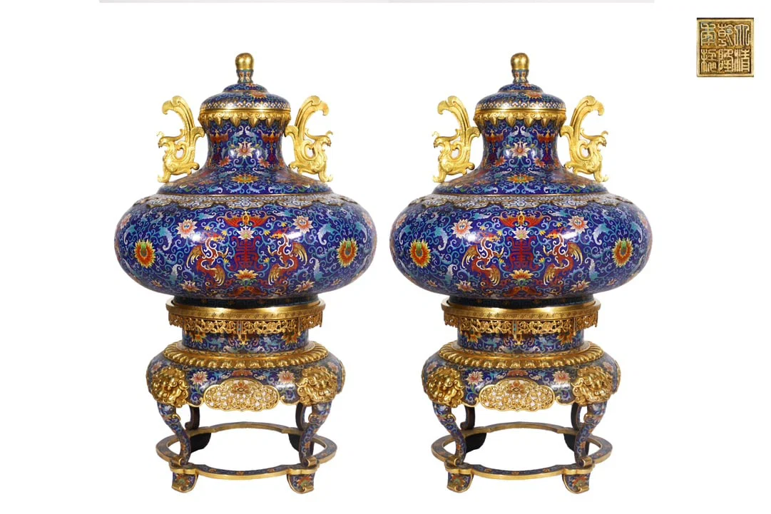 A Pair of Huge Cloisonne Enamel Lotus and Shou-Character Pattern Phoenix-Ears Vases
