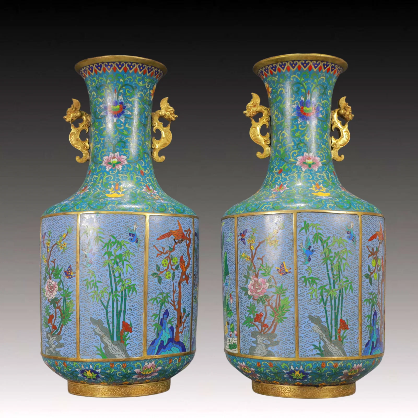 A Pair of Huge Cloisonne Flower and Bird Pattern Double-Ears Vases