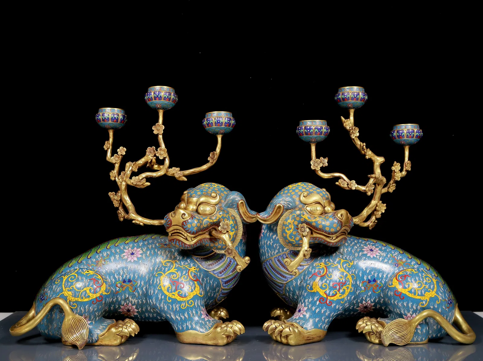 A Pair of Huge Cloisonne Lion Candlesticks