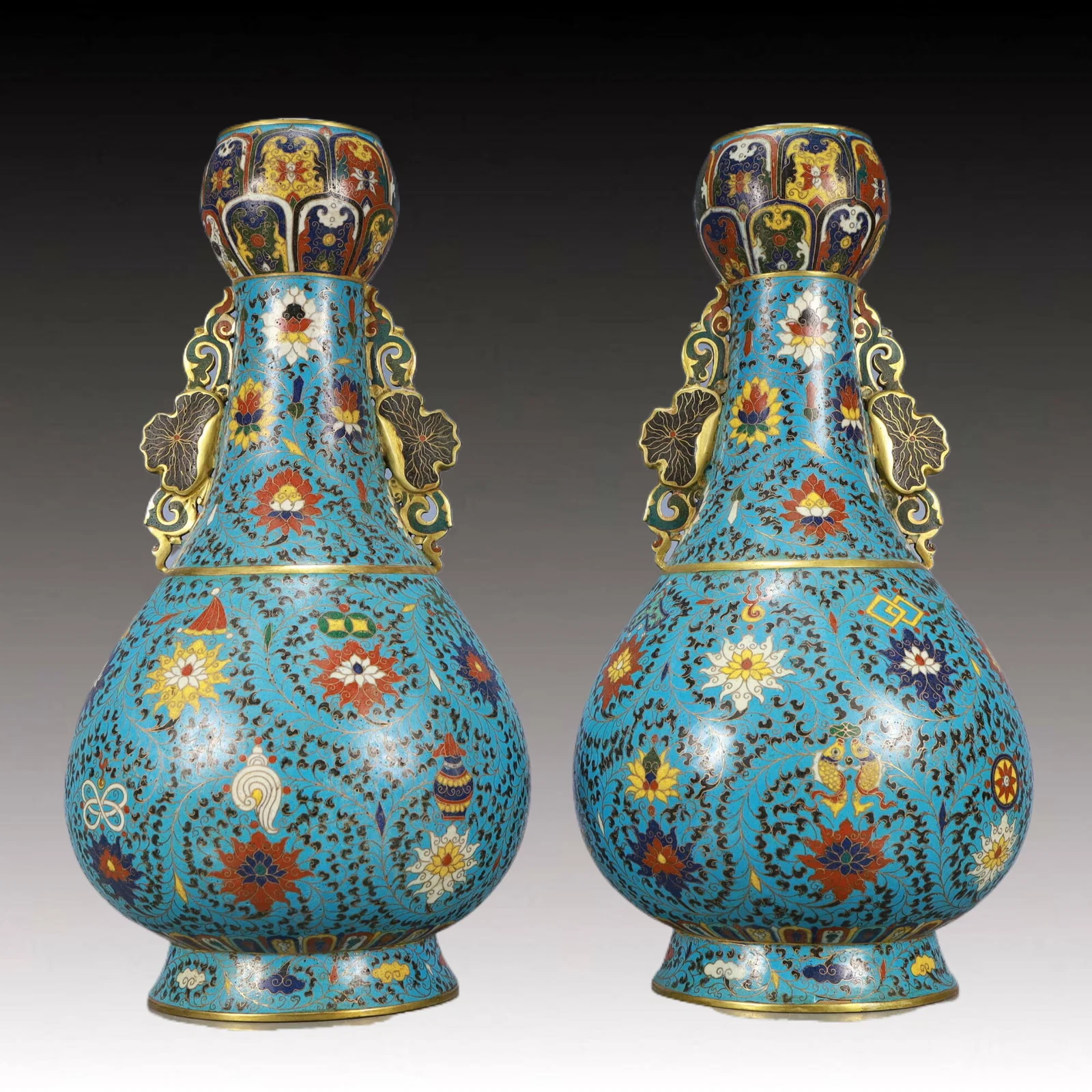 A Pair of Huge Cloisonne Lotus and Eight Treasures Pattern Double-Ears Vases