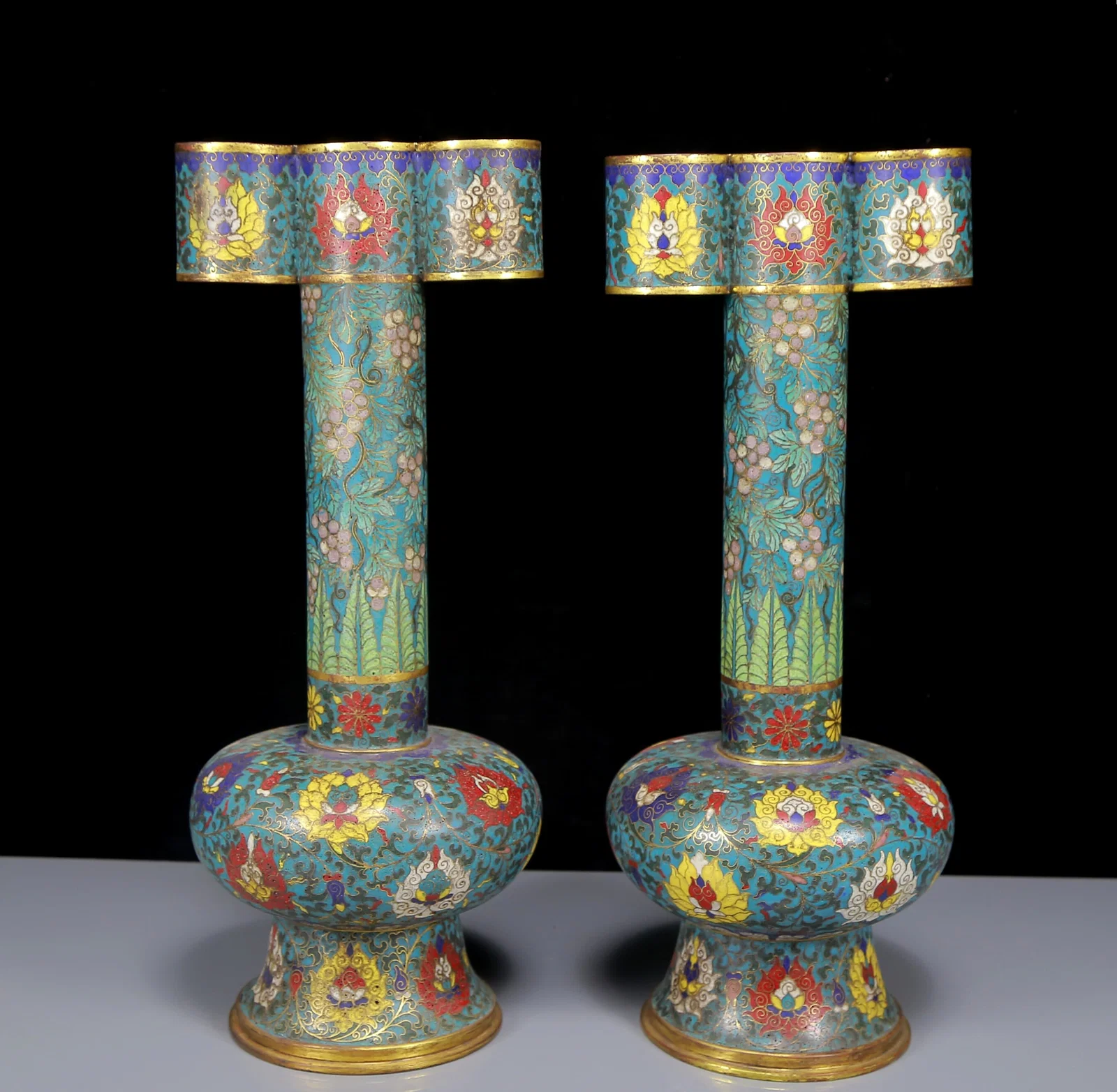 A Pair of Huge Cloisonne Lotus and Grapes Pattern Vases