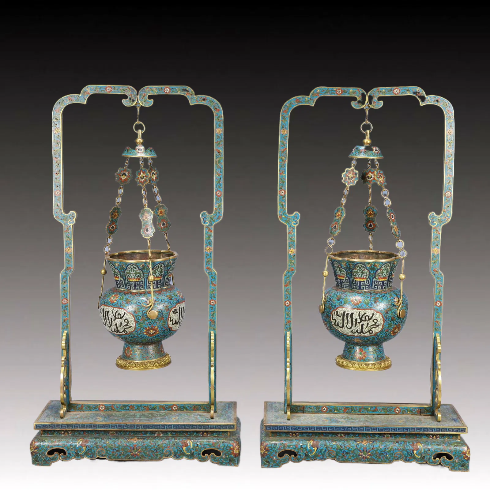 A Pair of Huge Cloisonne Lotus Pattern Censers,With Sanskrit