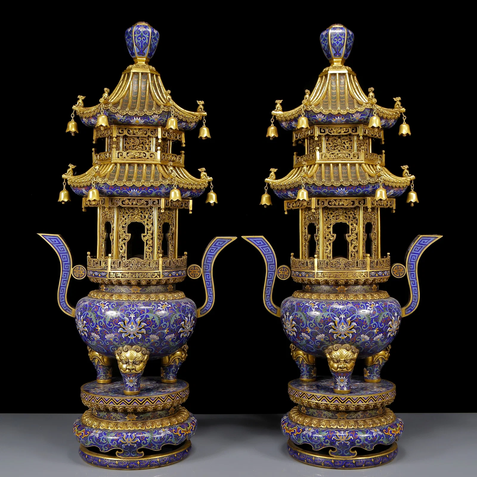 A Pair of Huge Cloisonne Lotus Pattern Double-Ears and Tripod Pagooda-Shaped Censers