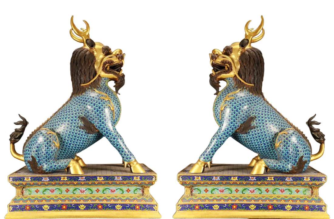 A Pair of Huge Cloisonne Lotus Pattern Kylin Ornament