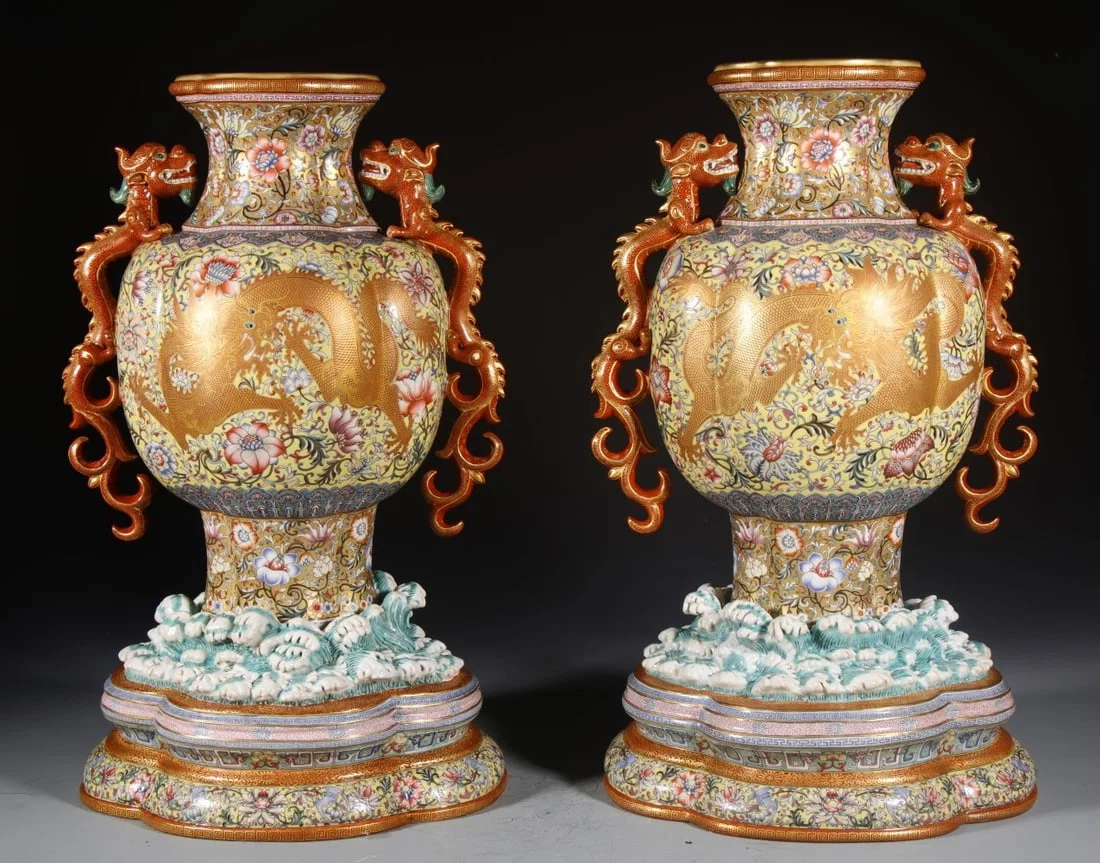 A Pair of Huge Enamel Gold Ground Lotus and Dragon Pattern Dragon-Ears Vases