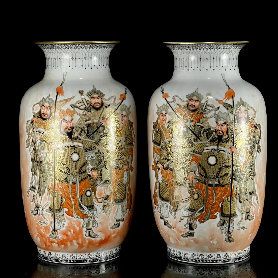 A Pair of Huge Famille-Rose Painted Gold Heavenly King Pattern Vases,With Poem