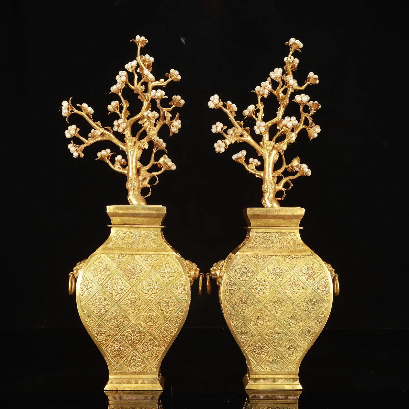 A Pair of Huge Gilt Bronze Flower Pattern Beast-Ears Vases, Inlaid Pearl