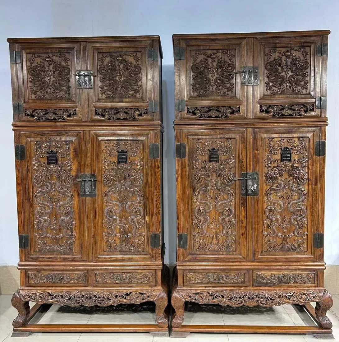 A Pair of Huge Huanghuali wood Shou-Character Auspicious Cloud and Dragon Pattern Cabinets