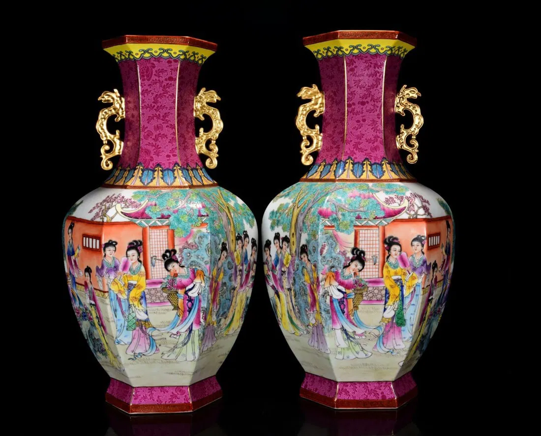 A Pair of Huge Ruby Red-Glazed Famille-Rose Gilt Woman Pattern Dragon-Ears Vases