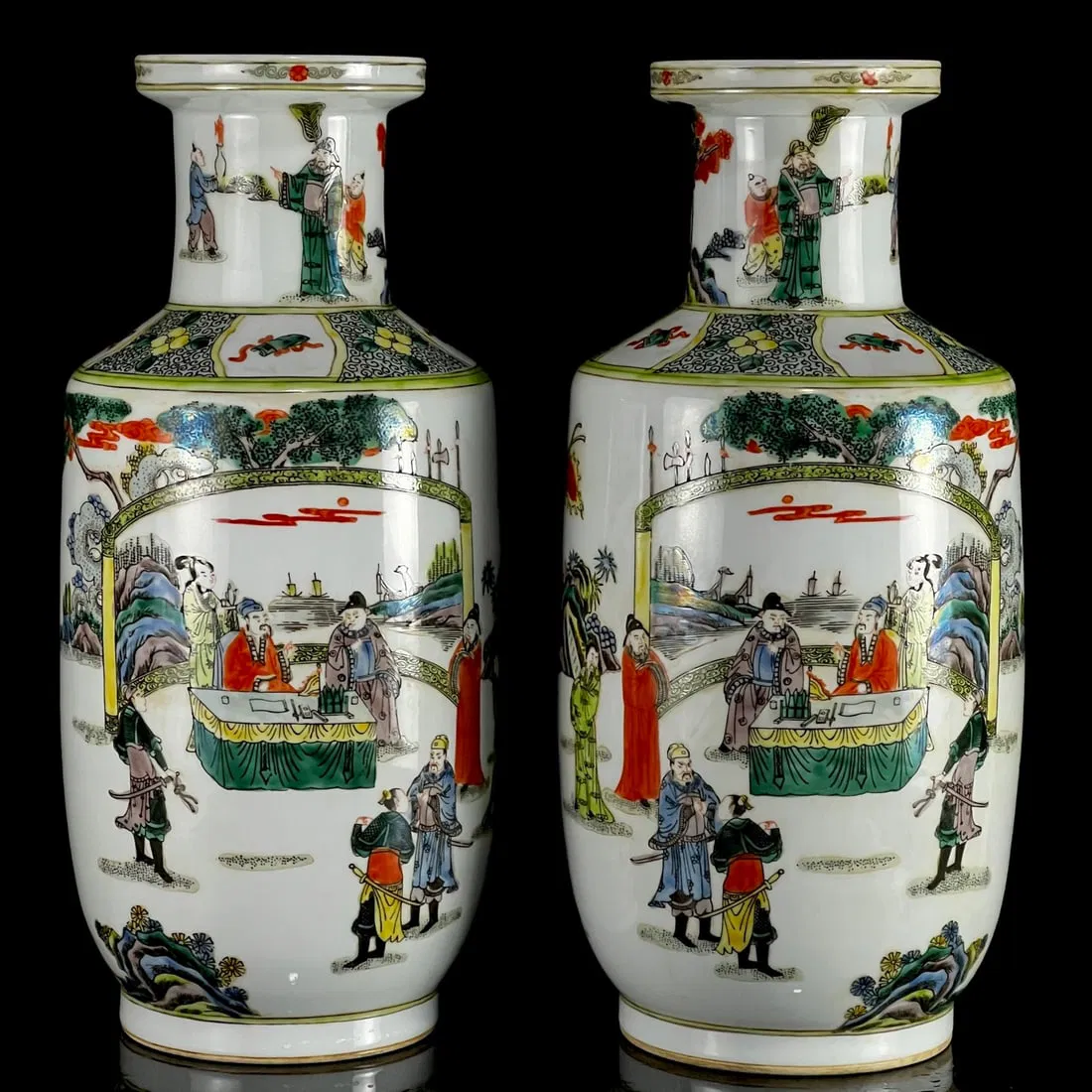 A Pair of Huge Wucai Painted Gold Character and Story Pattern Vases