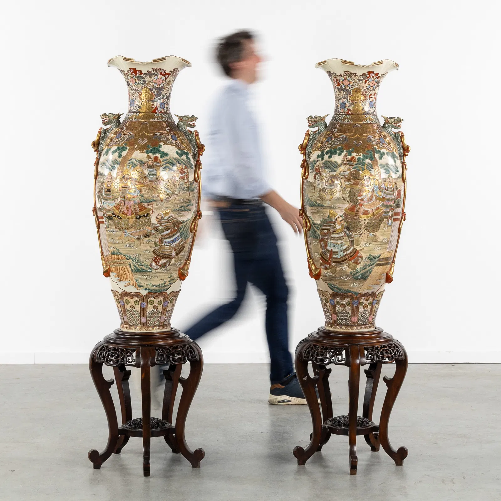 A Pair of large Japanese Satsuma vases, decorated with Imperial scenes and Samurai, Nishida Kyoto,
