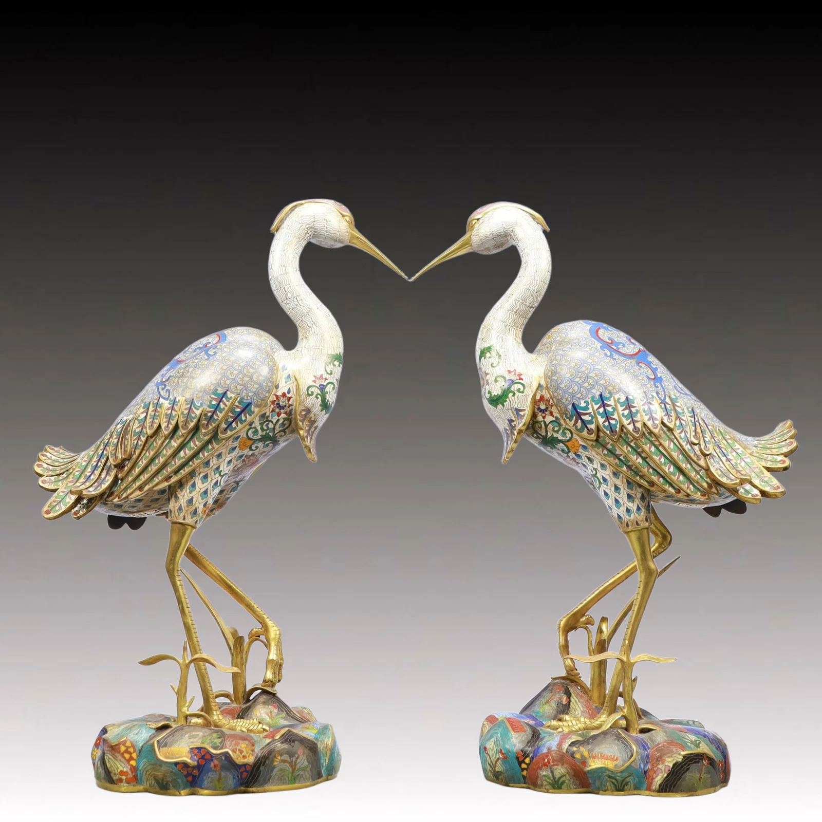 A Pair of Monumental Cloisonne Lotus Pattern Red-crested crane Ornaments