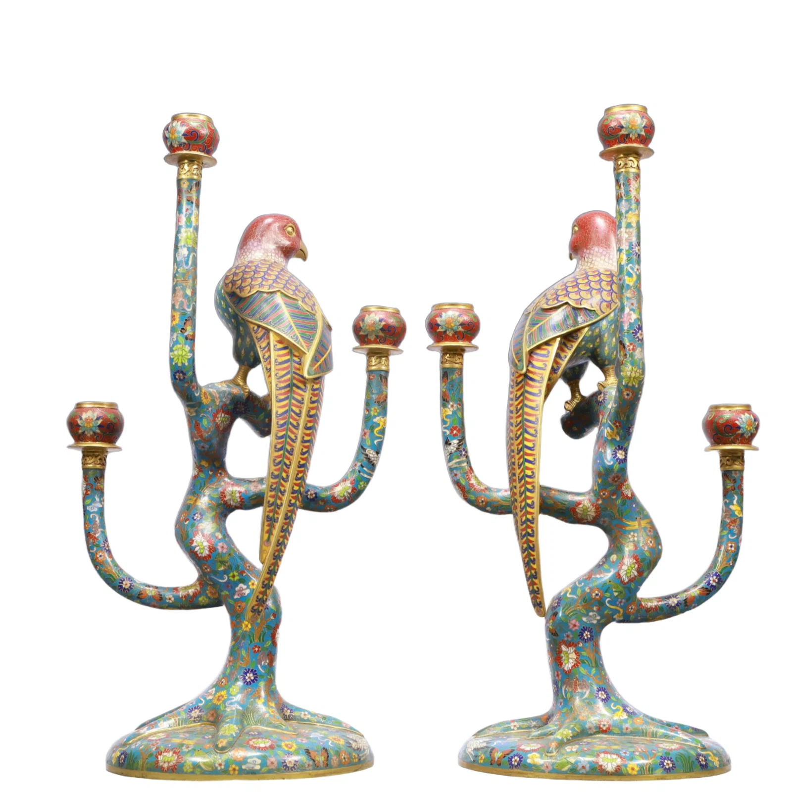 A Pair of Monumental Cloisonne Quail Flower Pattern Candlesticks