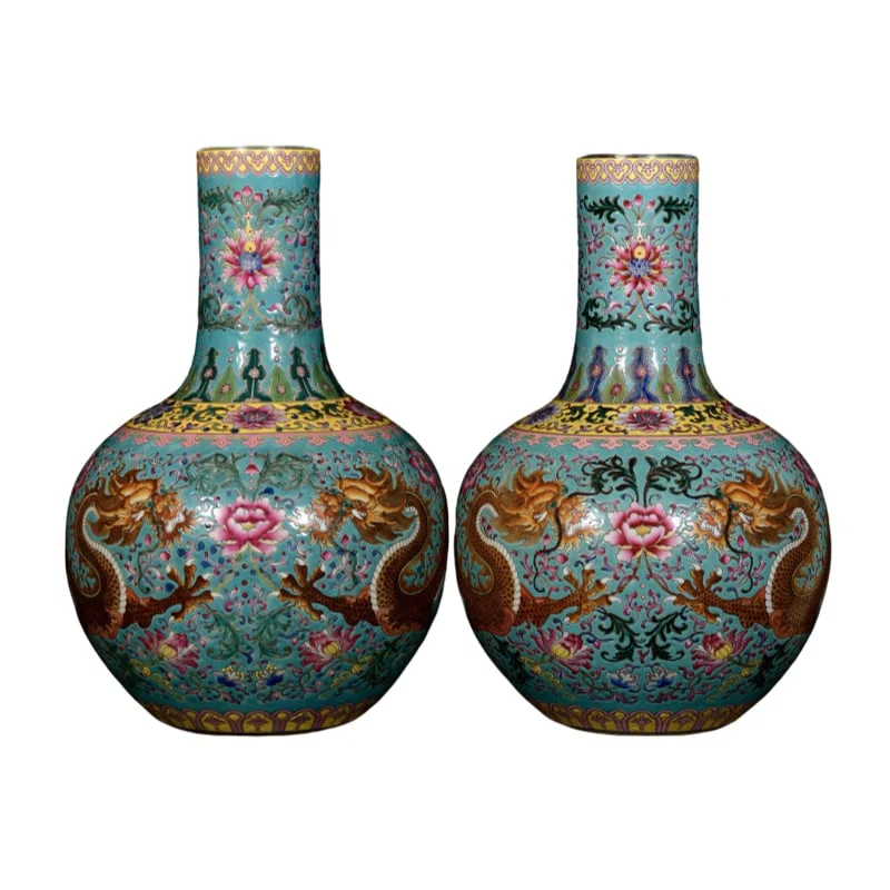 A pair of Qing Dynasty Qianlong cloisonnE dragon pattern celestial globe vases.