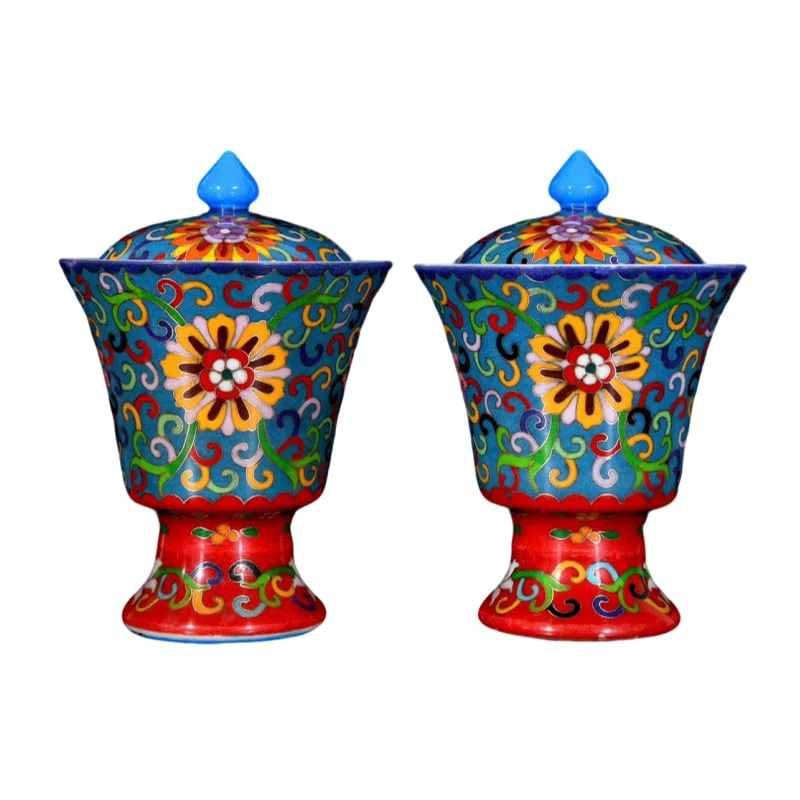 A pair of Qing Dynasty Qianlong era cloisonnE enamel high-footed cups with floral patterns.